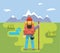 Mountain Travel Trip Vacation Backpaker Man Wood Staff Concept Flat Design Icon Forest Background Vector Illustration