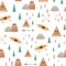 Mountain, trees, camp pattern in cute boho style teepee tent, kayak, adventure seamless pattern for kids camping