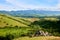 Mountain valley with green trees in Turkestan region, Kazakhstan, Central Asia.