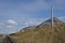 Mountain view smoke stack railroad landscape