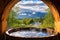 mountain view from a steaming wooden barrel hot tub