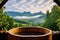 mountain view from a steaming wooden barrel hot tub