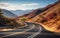 Mountain view. Winding road stretching into the distance. Horizontal landscape poster. AI Generative