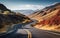 Mountain view. Winding road stretching into the distance. Horizontal landscape poster. Serpent road and foggy valley. AI