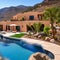 A mountain villa with an infinity pool, a hot tub, and a panoramic viewA southwestern-style home with a stucco exterior, a terra