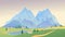 Mountain village landscape vector illustration, cartoon mountainous countryside rural scenery with farm houses on green