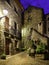 Mountain village at night. Architecture of stone houses, balconies with flowers and illuminated alleys. Torla Ordesa. Spain