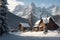 A mountain village with rustic cabins, surrounded by towering pine trees and snow-capped peaks generated by Ai