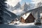 A mountain village with rustic cabins, surrounded by towering pine trees and snow-capped peaks generated by Ai
