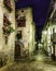 Mountain village street at night. Architecture of stone houses, balconies with flowers and illuminated alleys. Torla Ordesa.