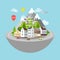 Mountain village town road travel flat isometric vector 3d