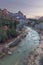 Mountain watchman - virgin river at colorful fall autumn sunset - zion national park