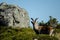 Mountain wild goat standing still on a rock. Capra pyrenaica lusitanica. Portugal.