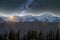 Mountain winter night panorama, Christmas landscape. Steep long ridge mountain peaks covered with snow and dense spruce forest