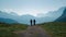 Mountainbiking in the Karwendel mountains in front of blue mountain layers, Austria