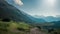 Mountainbiking in the Karwendel mountains in front of blue mountain layers, Austria