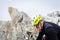 Mountaineer climbing glacier Mont Blanc mountains, France Alps