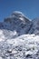 Mountaineer going toward Kanchung mountain covered with snow, Himalayas, Nepal