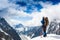 Mountaineer reaches the top of a snowy mountain