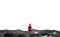 Mountaineer in red jacket sitting on the stone cliff and white background