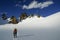 Mountaineer on a snow-covered glacier in the eveni