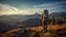 A mountaineer standing on a mountain with a large backpack, in full mountaineering gear and looking at the mountains