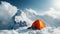 Mountaineer by a striking orange tent atop a snowy peak. Generative ai