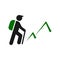 Mountaineer, tourist with backpack and peak ahead black vector icon.