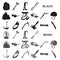 Mountaineering and climbing black icons in set collection for design. Equipment and accessories vector symbol stock web