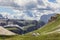 Mountaineering refuge in the highlands with tourists on a summer sunny day in the Italian Dolomites