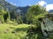 Mountaineering signposts and markings along the waterfalls Giessbach Falls GiessbachfÃ¤lle oder Giessbachfaelle