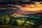 mountainous countryside scenery at sunset. dramatic sky above the distant valley. green fields and trees on the hill. beautiful