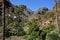 Mountainous and green landscape with terraced fields and palm trees near Pastrana, La Gomera, Canary Islands, Spain