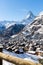 Mountainous landscape with Zermatt township and snow covered Matterhorn
