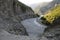 Mountainous road leading to Lahic village in Ismayilli region of Azerbaijan, with car