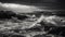Mountainous waves crash against rocky coastline in dramatic monochrome motion generated by AI