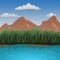 Mountains aerial view vector illustration. Mountain landscape with lake.