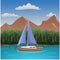 Mountains aerial view vector illustration. Mountain landscape with lake and small yacht