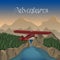 Mountains aerial view vector illustration. Mountain landscape with small plane