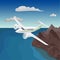 Mountains aerial view vector illustration. Mountain landscape with small plane