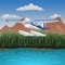 Mountains aerial view vector illustration. Mountain landscape with small plane