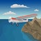 Mountains aerial view vector illustration. Mountain landscape with small plane