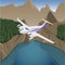 Mountains aerial view vector illustration. Mountain landscape with small plane