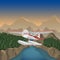 Mountains aerial view vector illustration. Mountain landscape with small plane