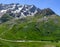 Mountains and alpine meadows views near Col du Lautaret, Massif des Ecrins, Hautes Alpes, France in summer