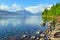 Mountains and the bank of McDonald lake in Glacier National Park