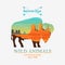 Mountains and buffalo, silhouette wild animal. Multiple or double exposure. Old label or badge. Journey and bison