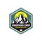 Mountains camp amazing discovery - concept badge. Summer camping emblem. Climbing logo in flat style. Extreme exploration sticker