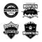 Mountains camping and outdoor adventure set of four monochrome vector emblems, labels, badges or logos isolated on white