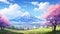 Mountains and cherry blossoms. Anime style landscape. Neural network AI generated